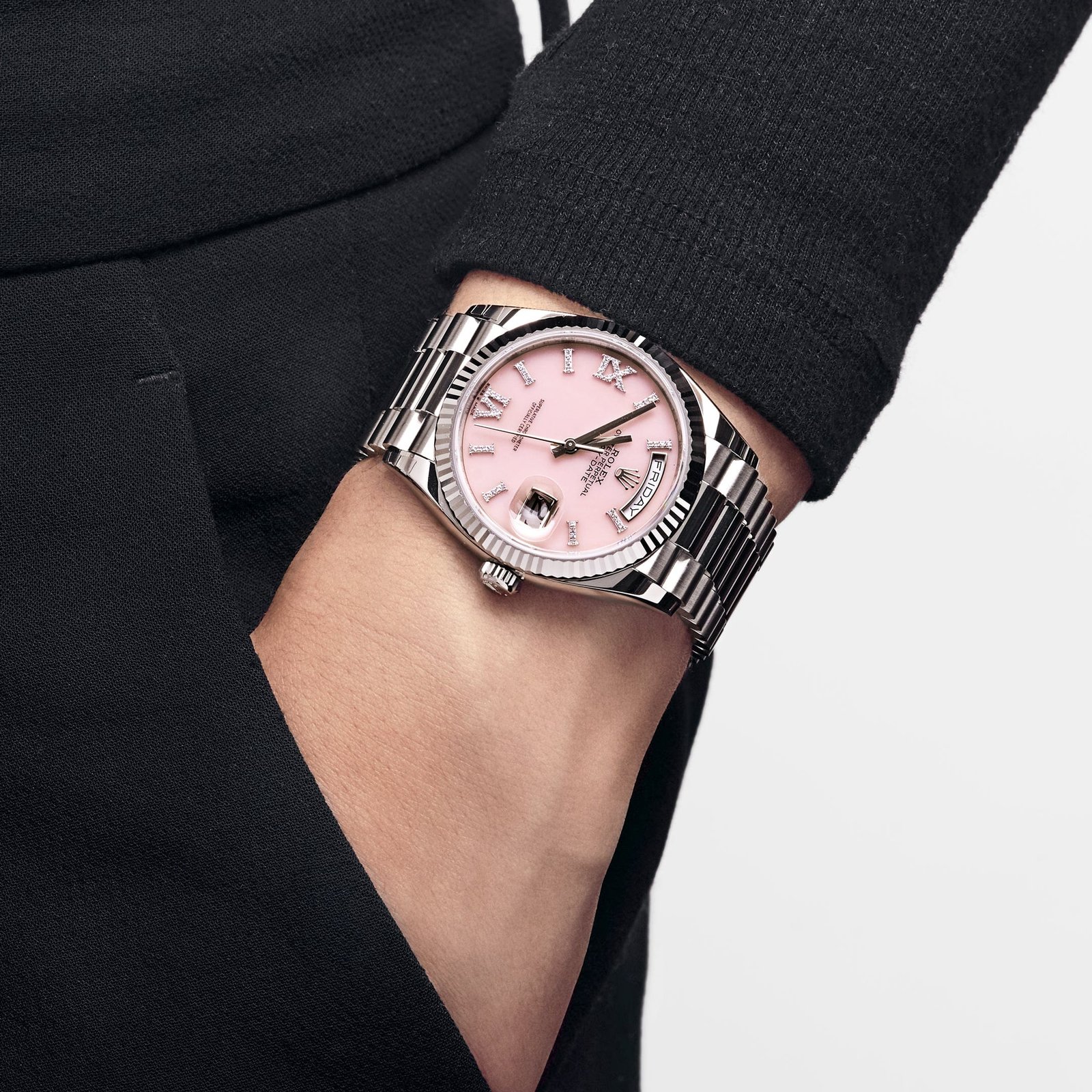 R01ex Day-Date 36 128239 White Gold Pink Opal D1am0nd Roman Numerals Dial