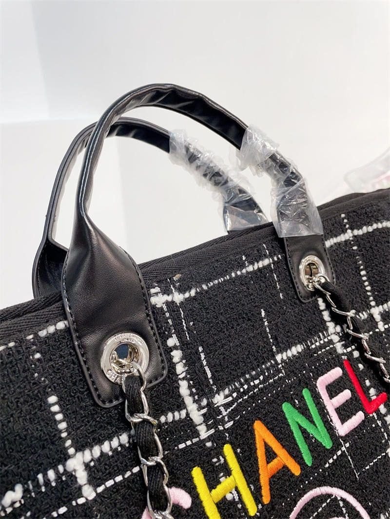 Ch**el Rainbow Black Tweed Deauville Tote Black