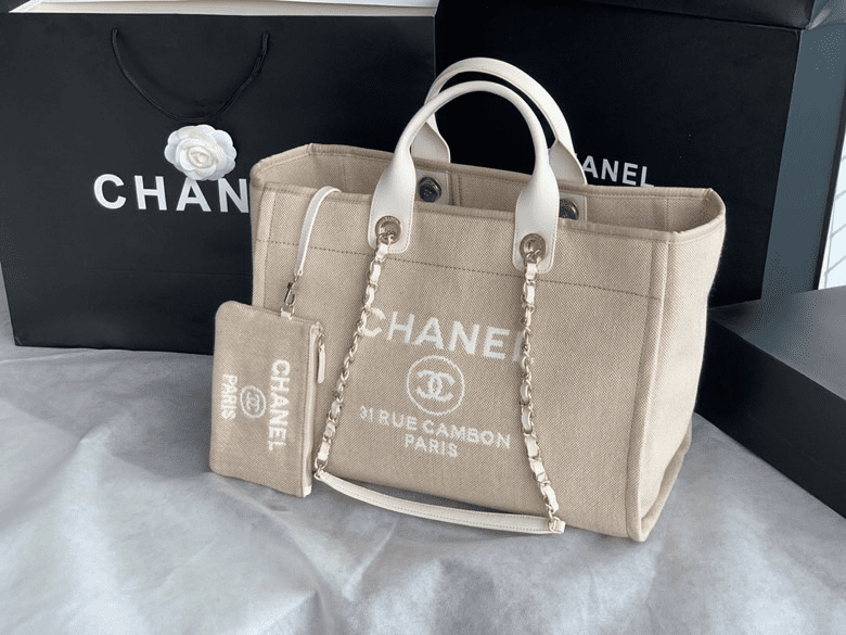 Ch**el Mixed Fibers Calfskin Deauville Tote Light Grey