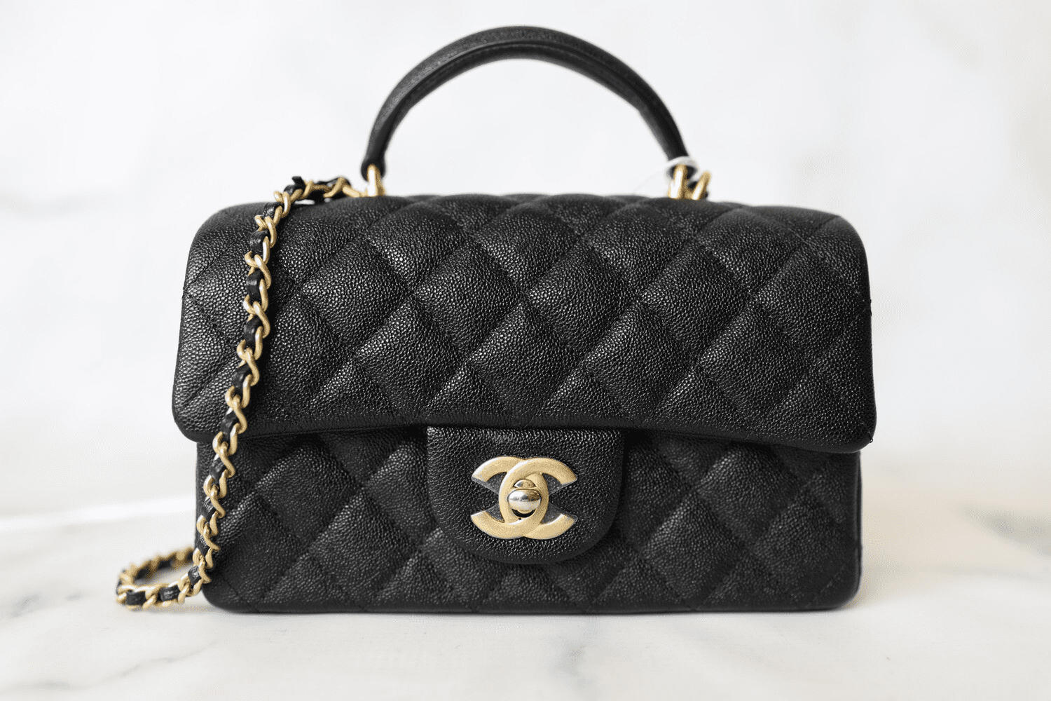 Ch**el Top Handle Mini Rectangular, Black Caviar with Matte Gold Hardware