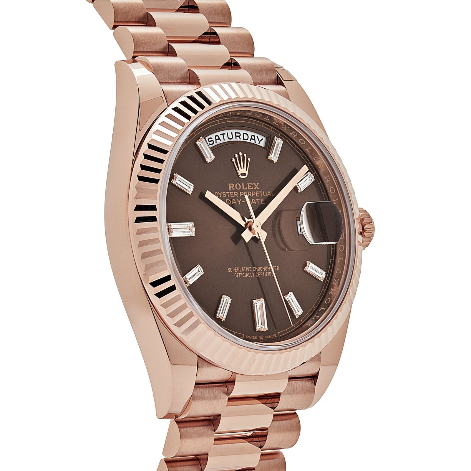 R01ex Day-Date 40 228235 Rose Gold Chocolate Baguette D1am0nd Dial