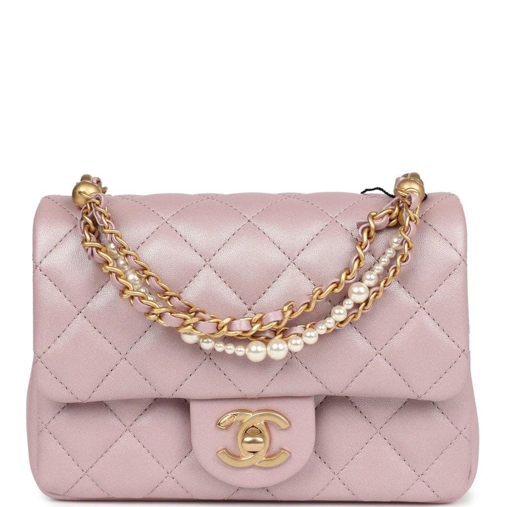 Ch**el Mini Square Pearl Flap Bag Light Pink Iridescent Lambskin Brushed Gold Hardware