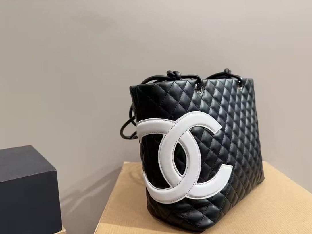 Ch**el Calfskin Quilted Large Cambon Tote Black White