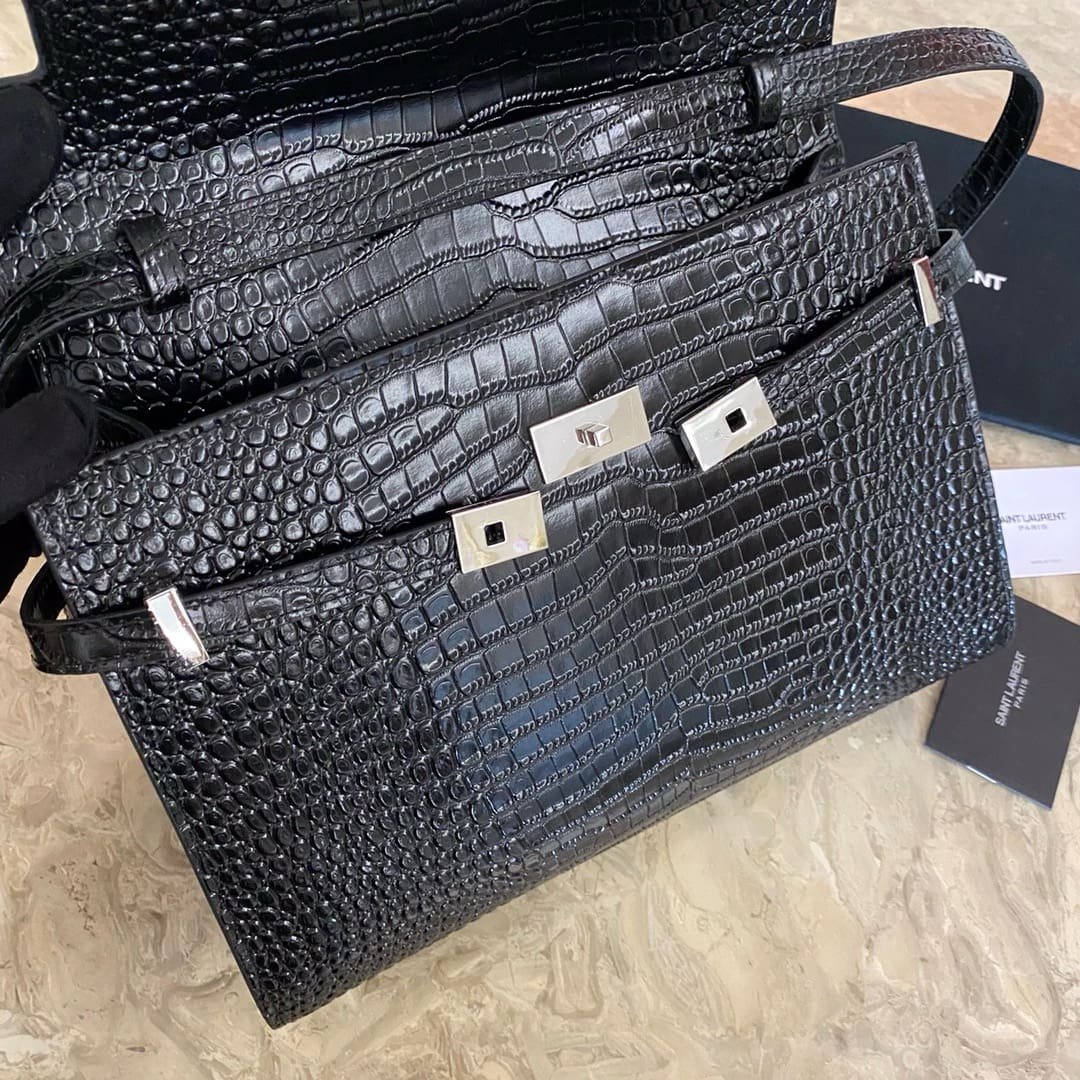 Sa1nt Lau*nt Black Manhattan croc-effect shoulder bag