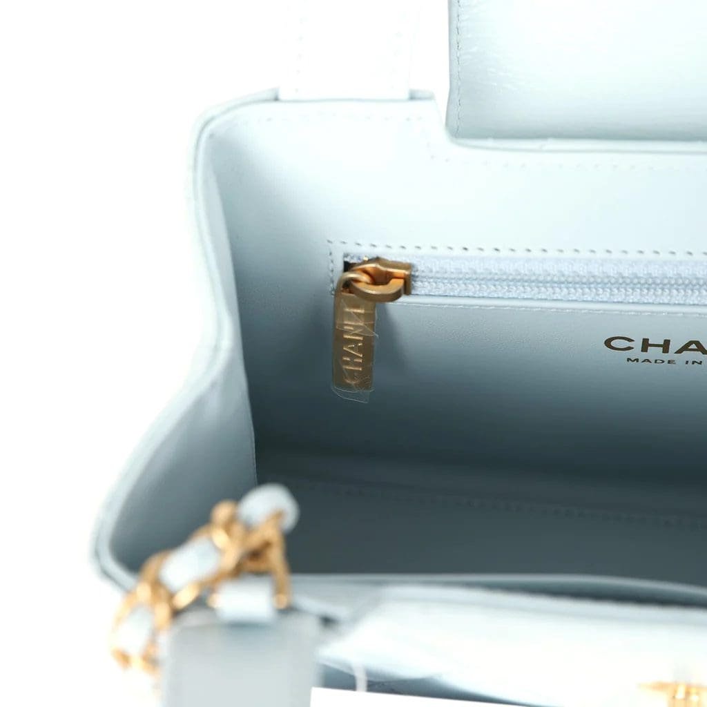 Ch**el Small Kelly Shopper Light Blue Shiny Aged Calfskin Brushed Gold Hardware
