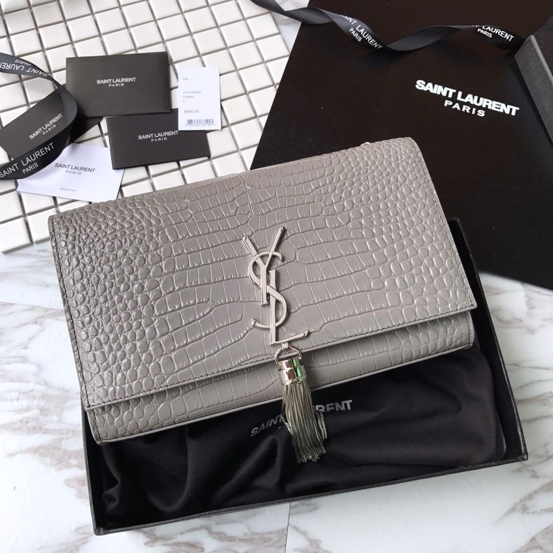 Sa1nt Lau*nt Grey Crocodile Embossed Kate Medium
