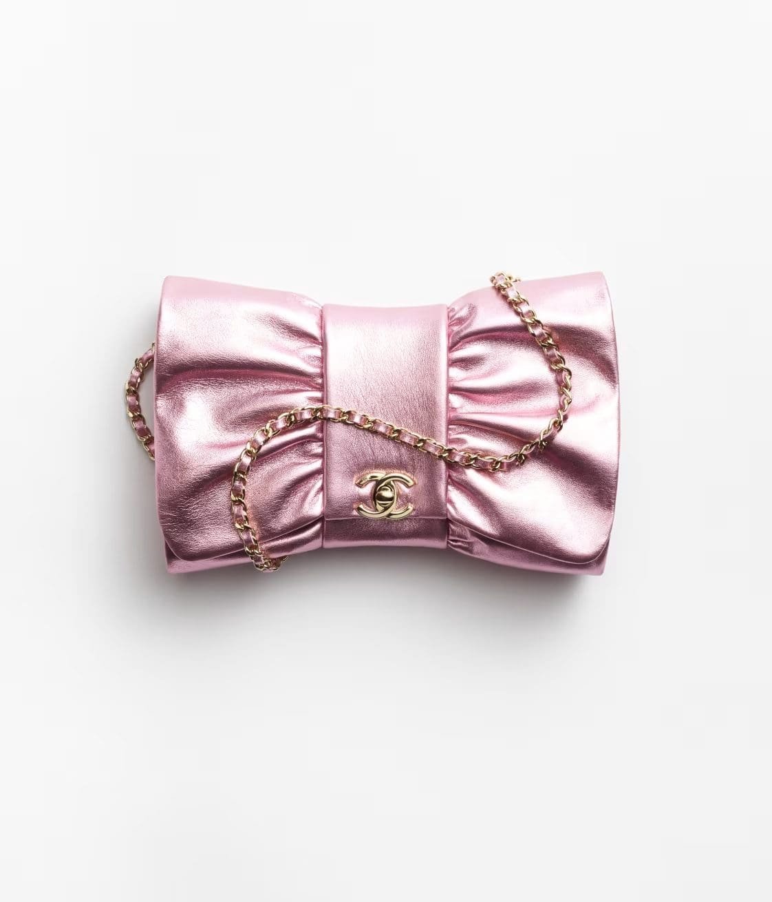 Ch**el Clutch Metallic Lambskin & Gold-Tone Metal Pink