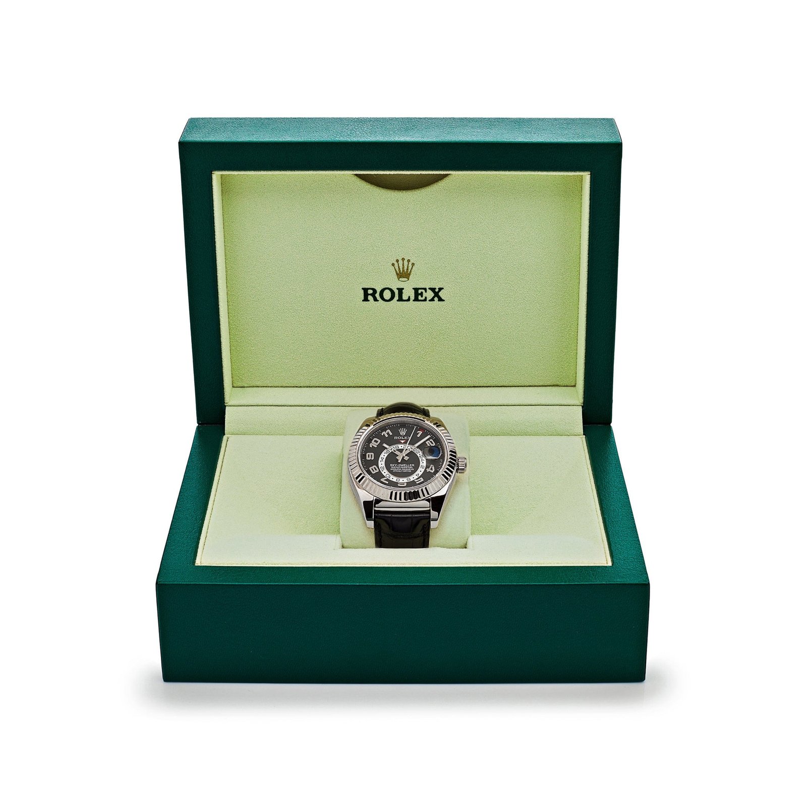 R01ex Sky-Dweller 326139 White Gold Black Dial Leather Strap