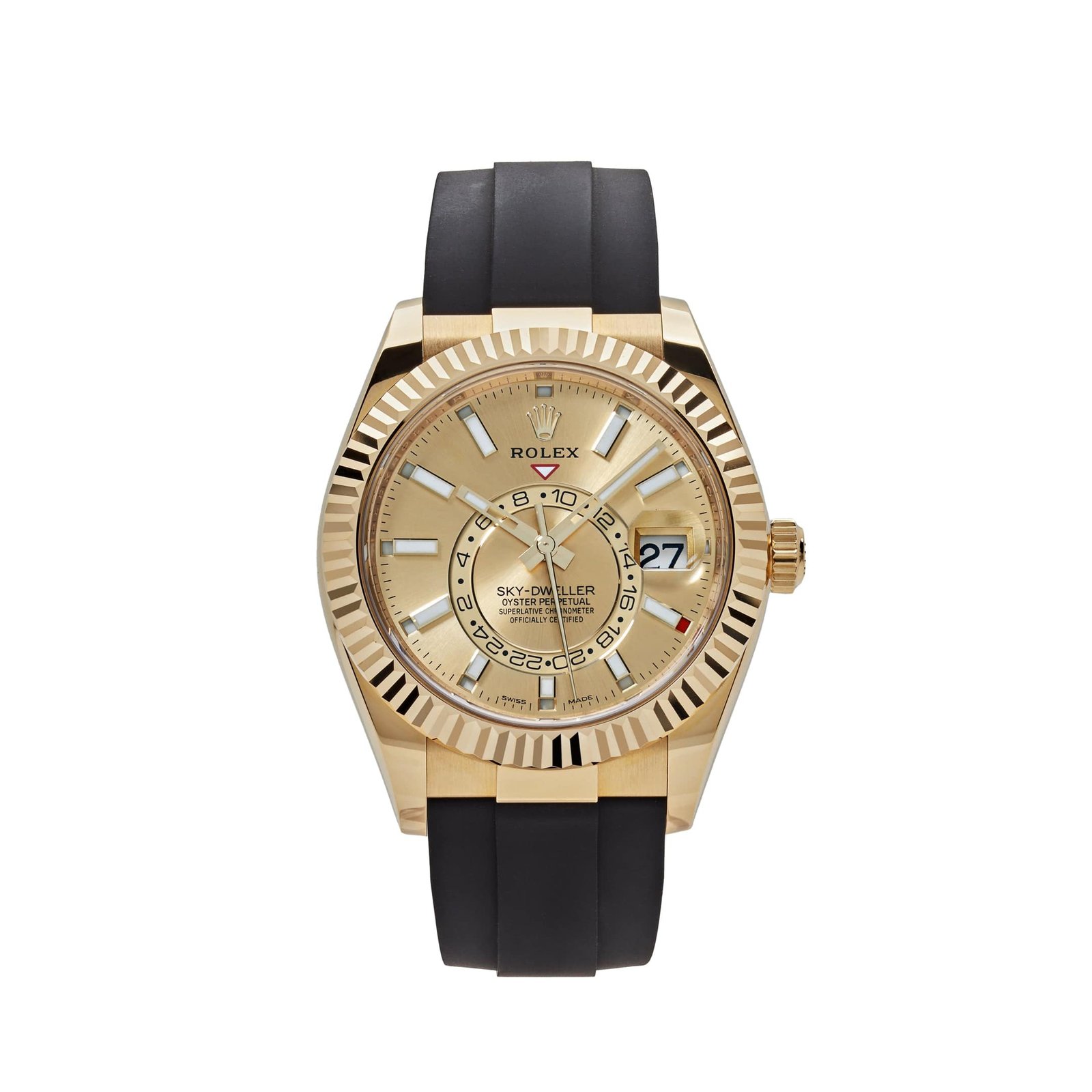 R01ex Sky-Dweller 326238 Yellow Gold Champagne Dial Rubber Strap (2022)