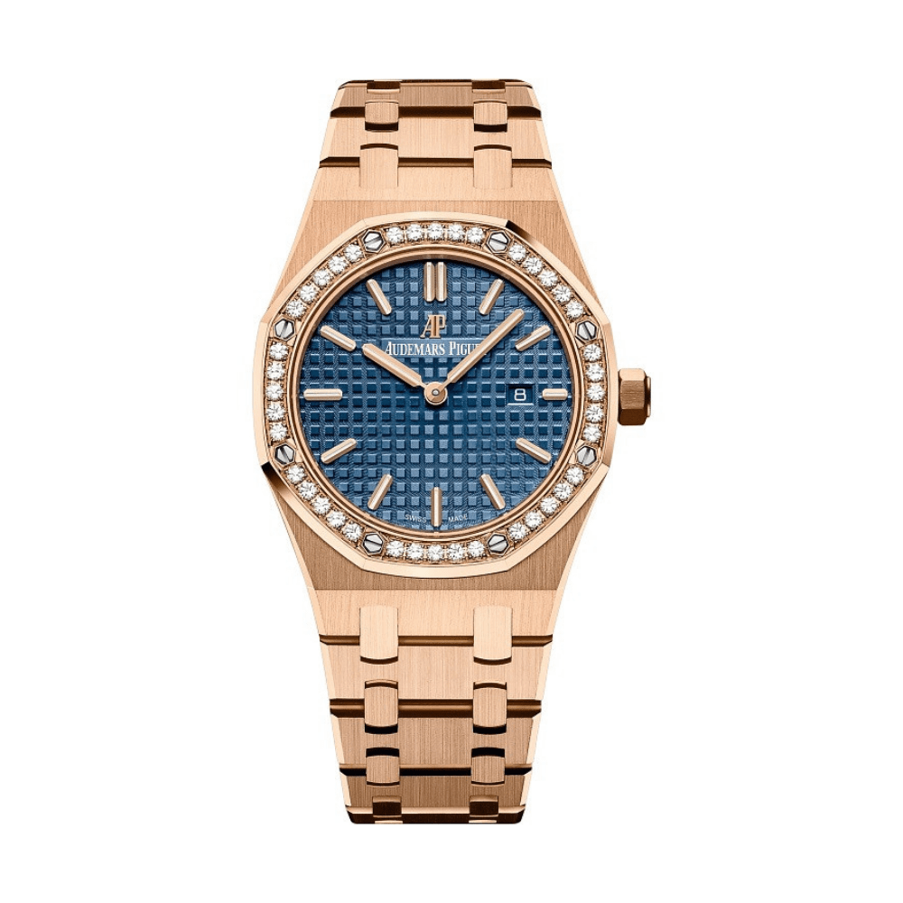 Audemars P1g*et Royal Oak Quartz 67651OR.ZZ.1261OR.02 ‘Ladies’ Rose Gold Blue Dial D1am0nd Bezel