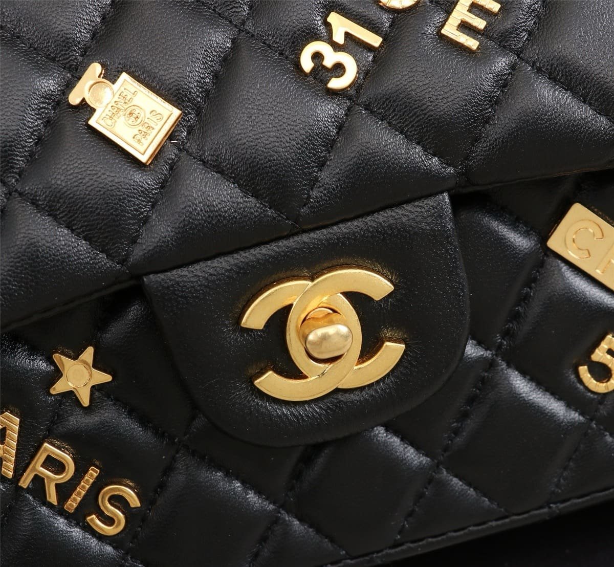 Ch**el Lambskin Quilted Medium Rue Cambon Charms Double Flap Black