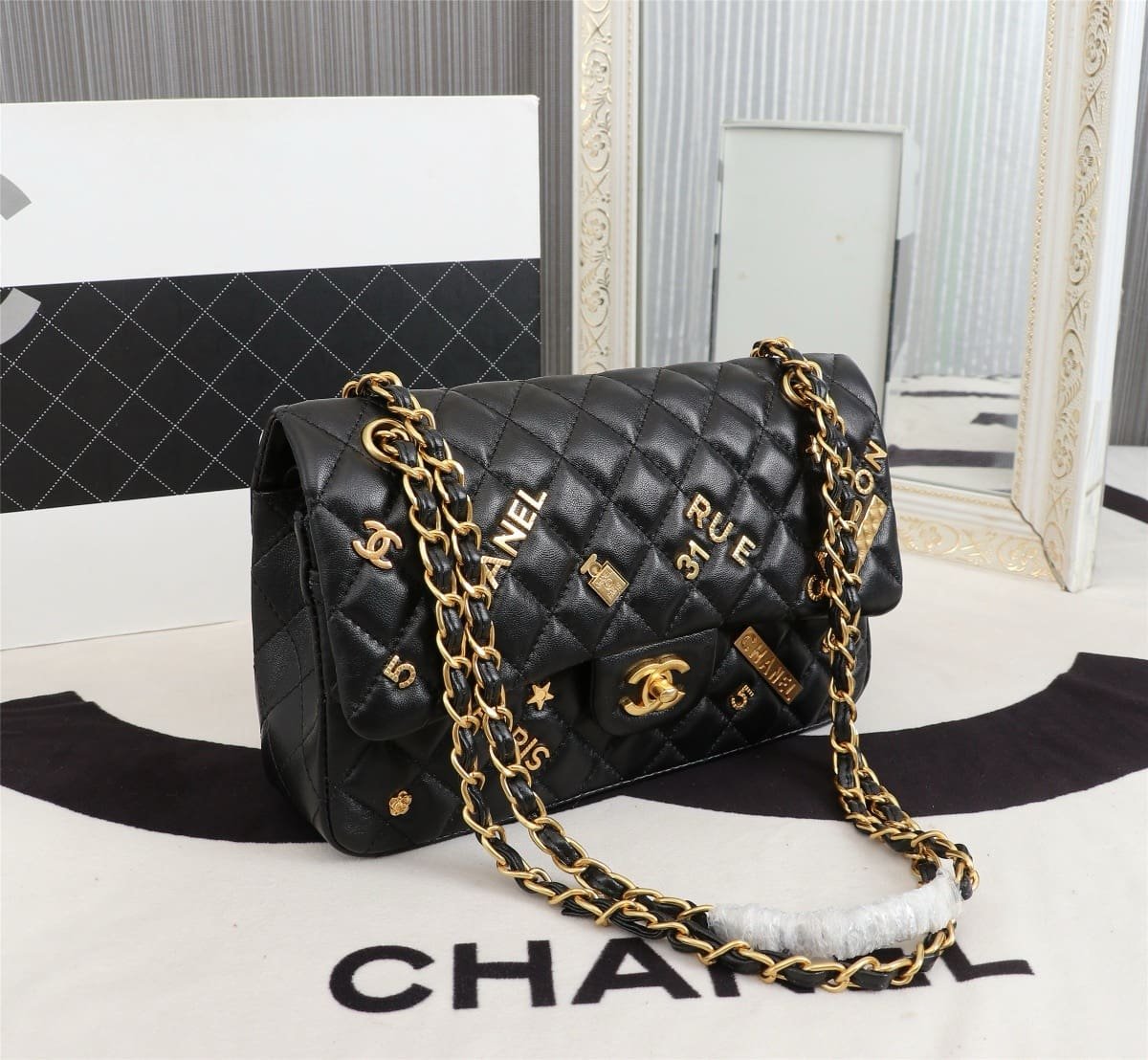 Ch**el Lambskin Quilted Medium Rue Cambon Charms Double Flap Black