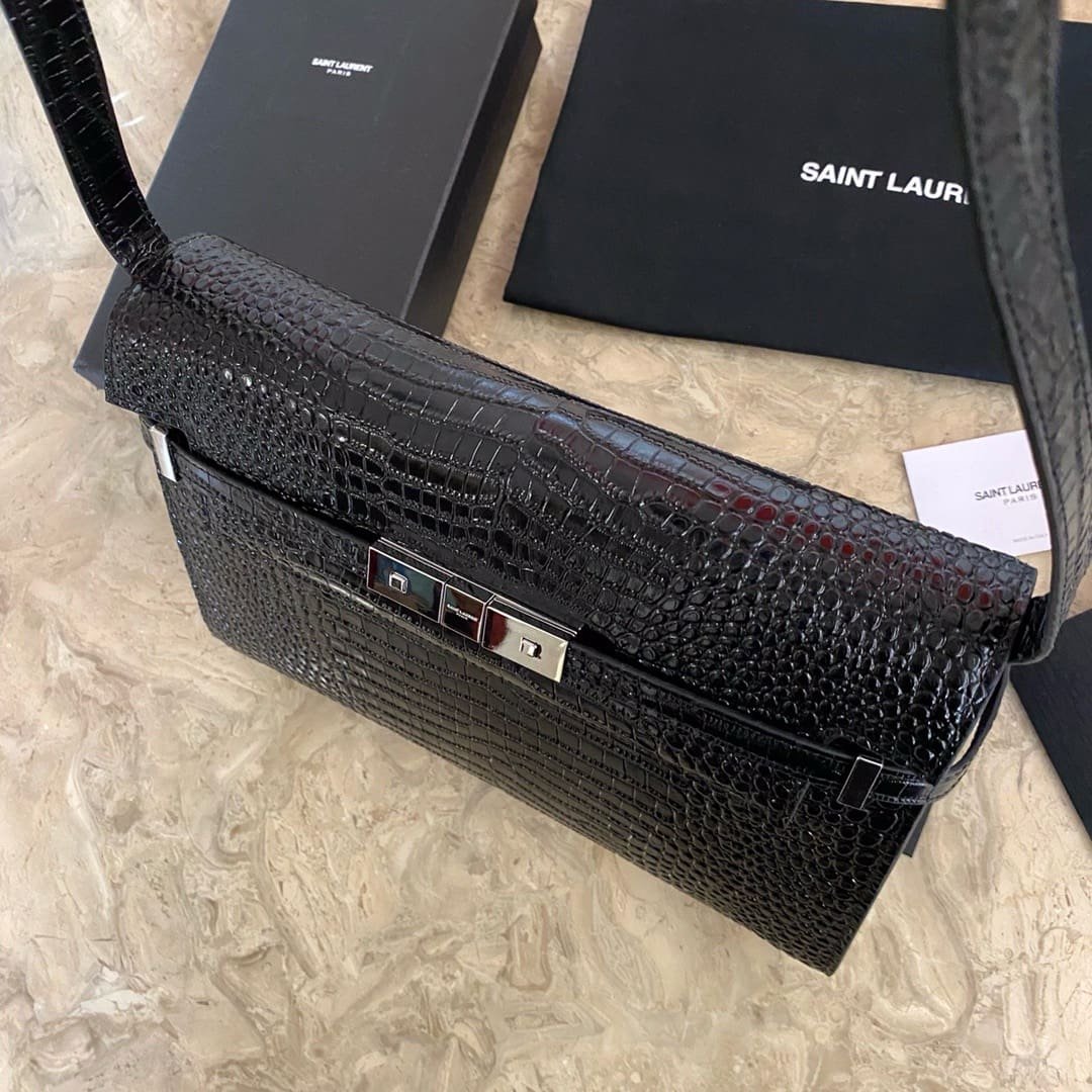 Sa1nt Lau*nt Black Manhattan croc-effect shoulder bag
