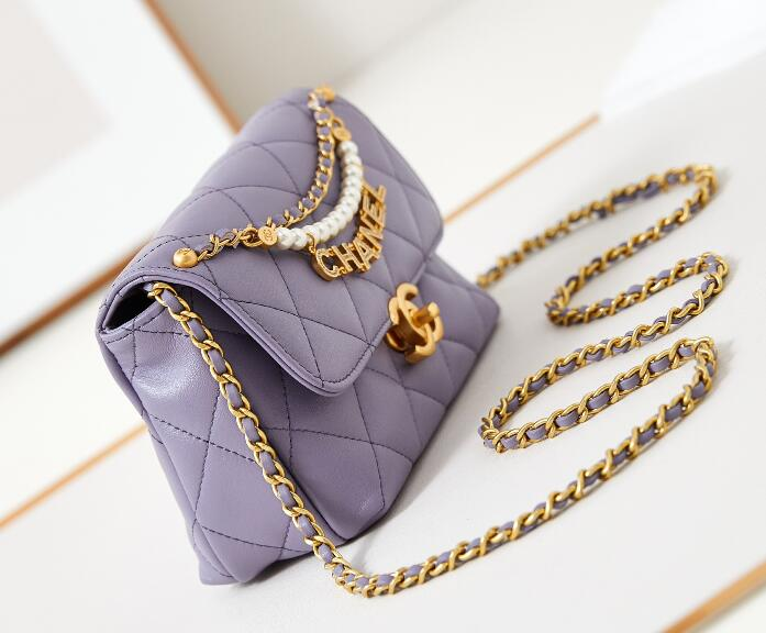 Ch**el  Shiny Lambskin Quilted Mini Pearl Logo Flap Light Purple