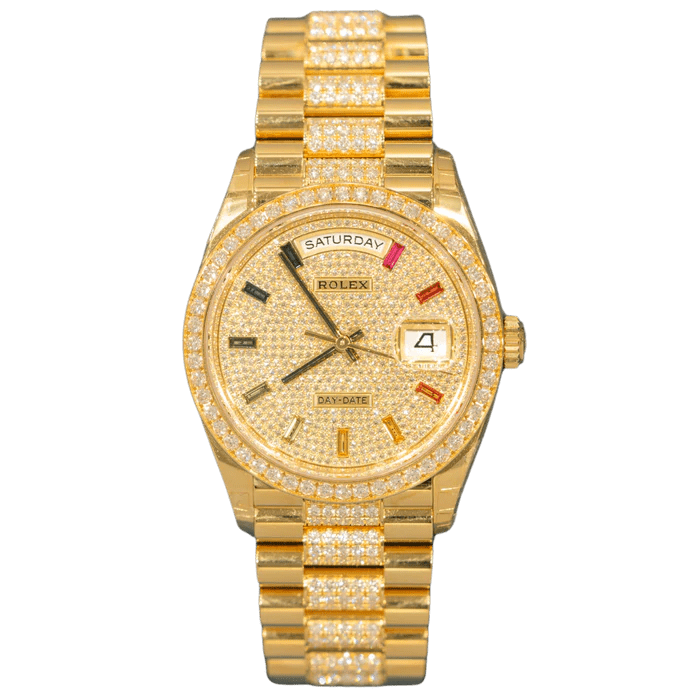 R01ex Day Date Ref. 128348RBR-0043 36mm Yellow Gold Full Pave Rainbow