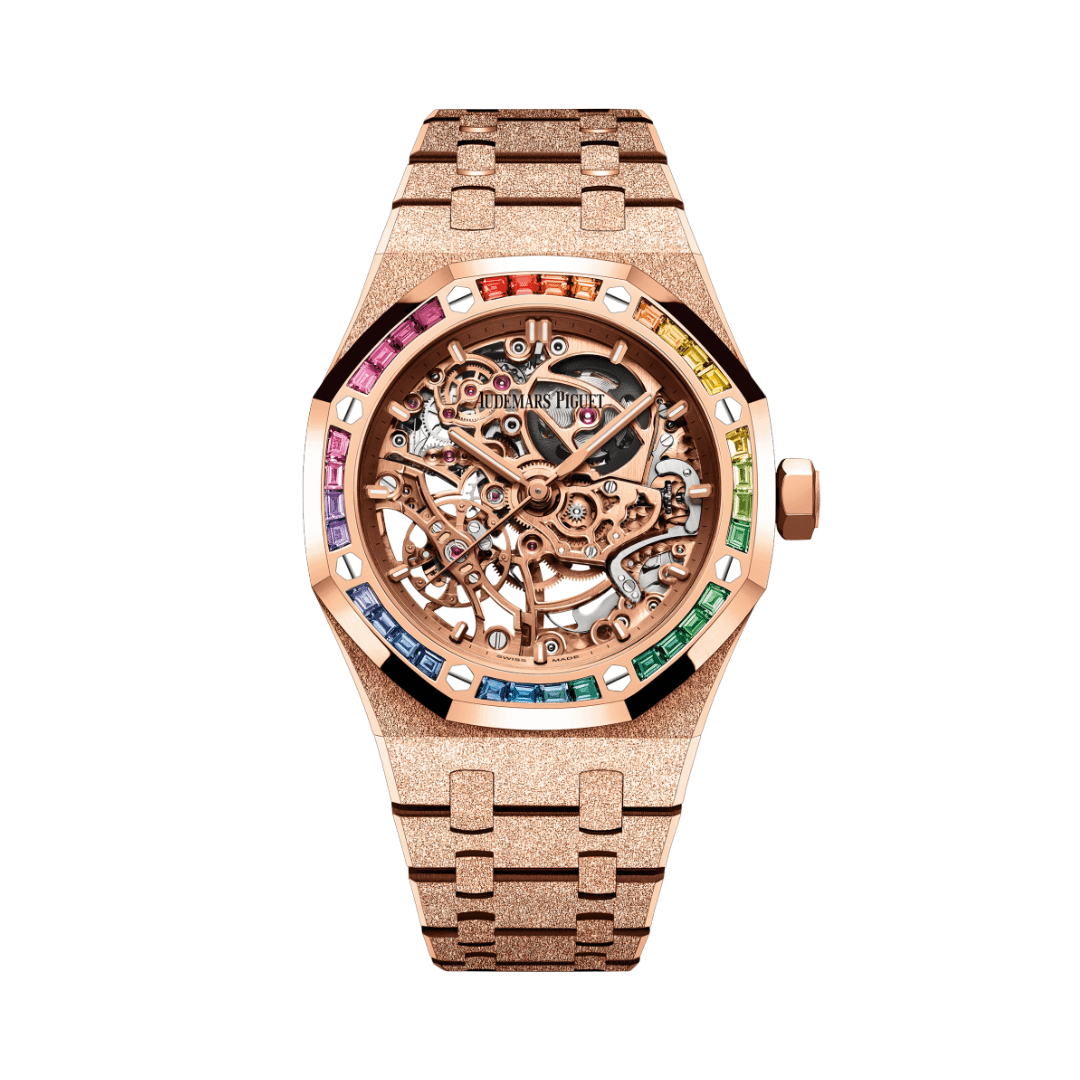 Audemars P1g*et Royal Oak 15468OR.YG.1259OR.01 Openworked Frosted Rose Gold Rainbow Bezel