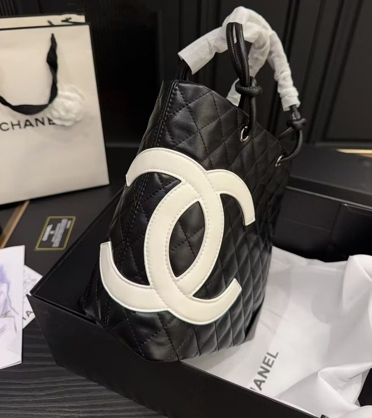 Ch**el Black Quilted Lambskin Leather Medium Cambon Tote