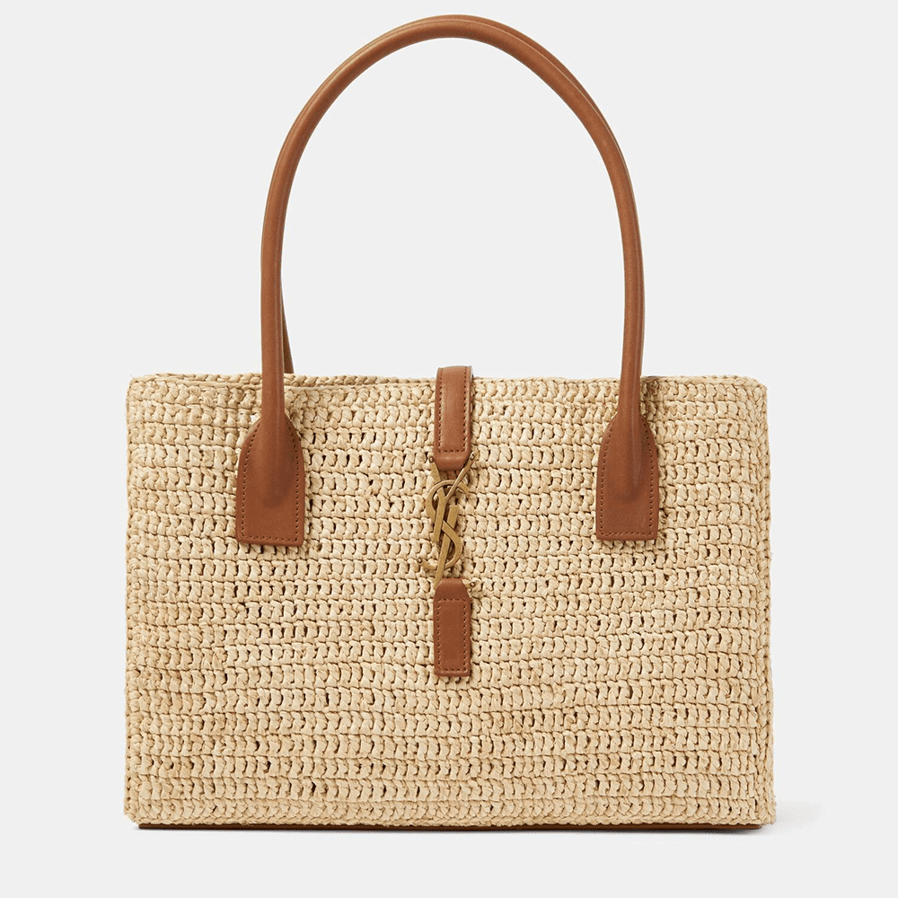 Sa1nt Lau*nt Panier leather-trimmed raffia tote bag