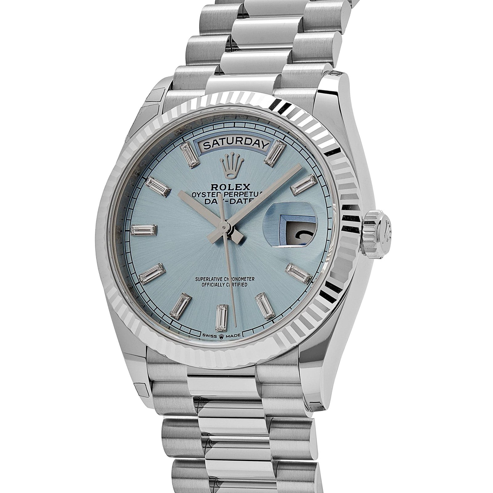 R01ex Day-Date 36 128236 Platinum Ice Blue Baguette Dial