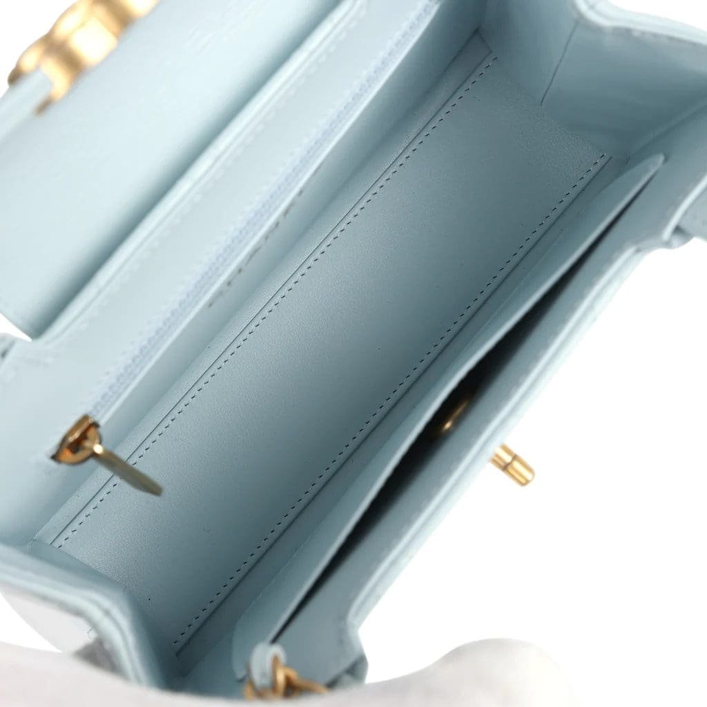 Ch**el Small Kelly Shopper Light Blue Shiny Aged Calfskin Brushed Gold Hardware