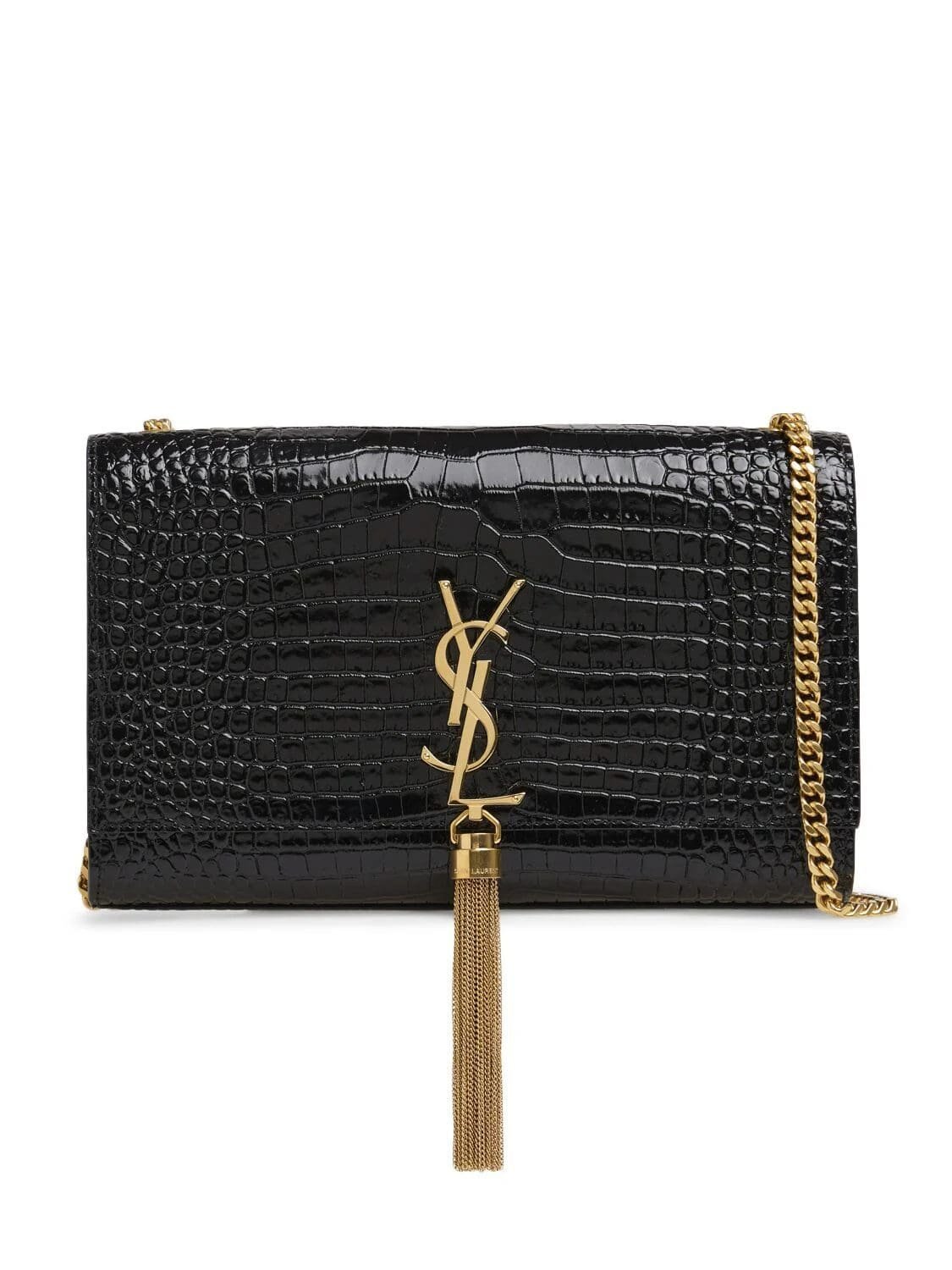 Sa1nt Lau*nt Medium Kate Tassel Chain Bag In Black Crocodile Em