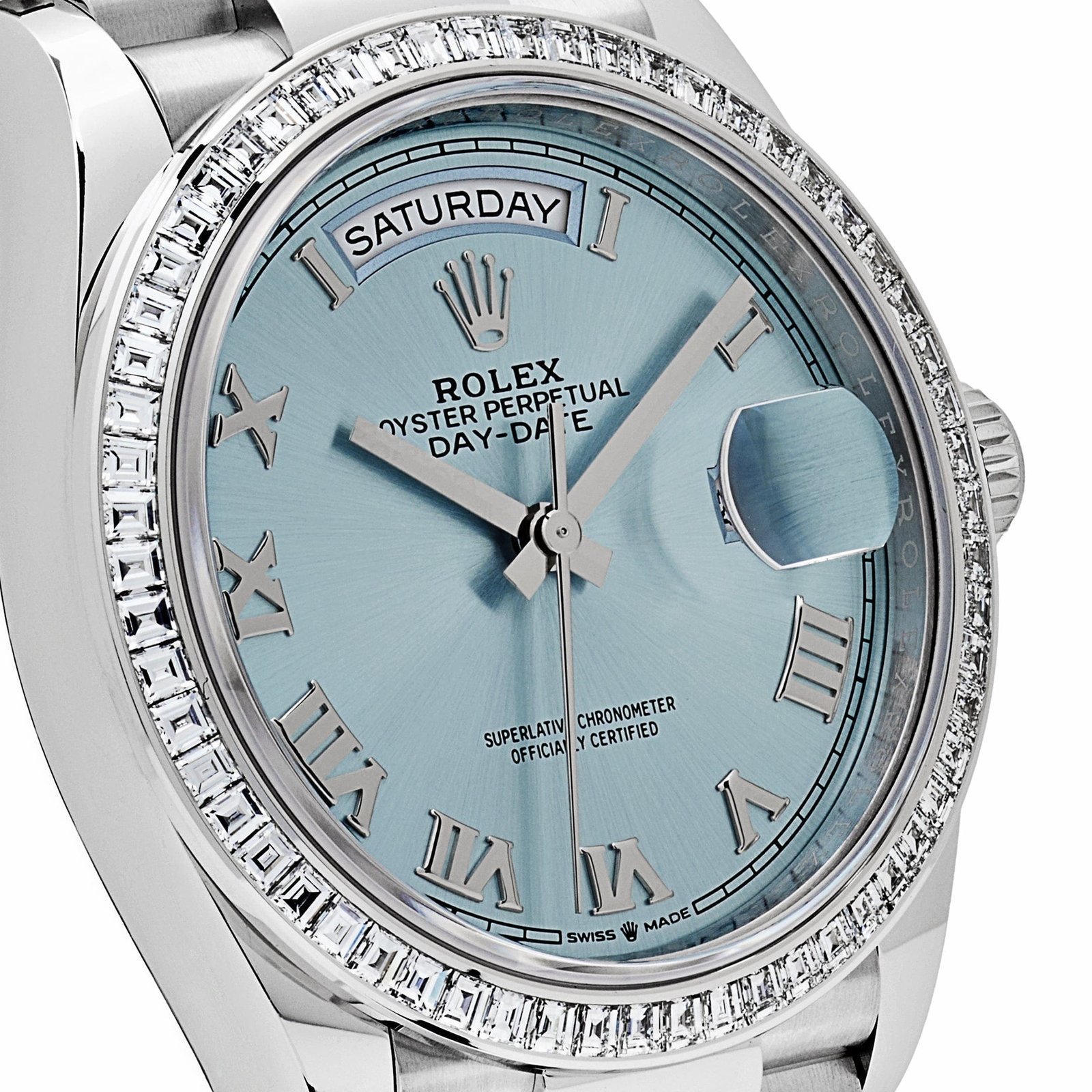 R01ex Day-Date 36 128396TBR Platinum Ice Blue Dial D1am0nd Bezel (2024)