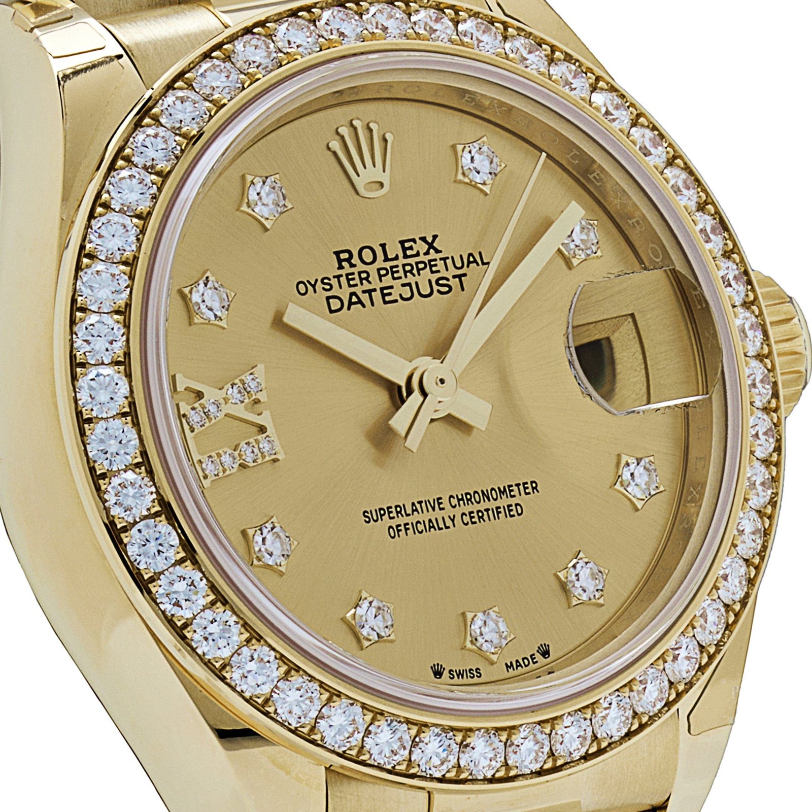 R01ex Datejust 28 279138RBR ‘Ladies’ Yellow Gold Champagne D1am0nd Dial President