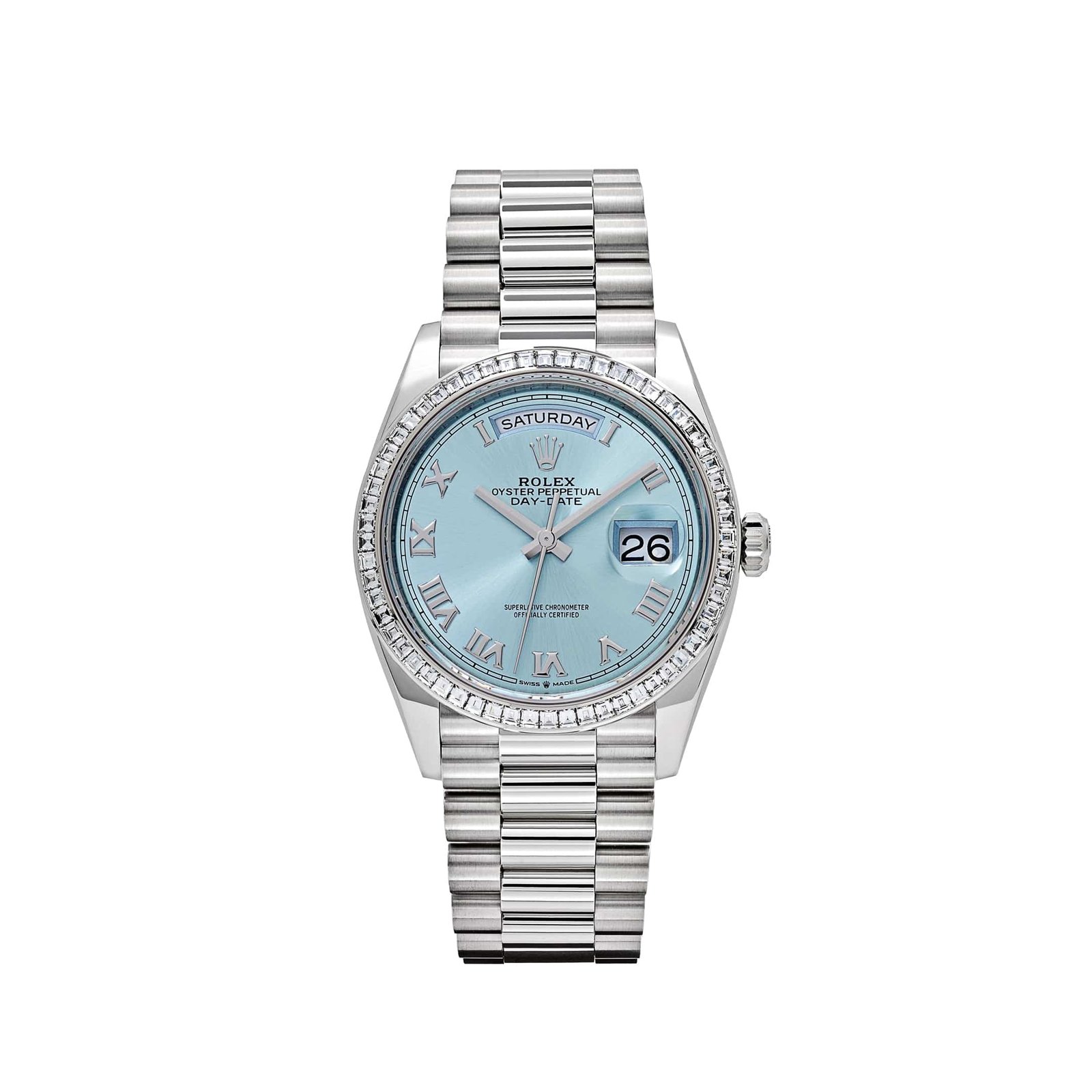 R01ex Day-Date 36 128396TBR Platinum Ice Blue Dial D1am0nd Bezel (2024)