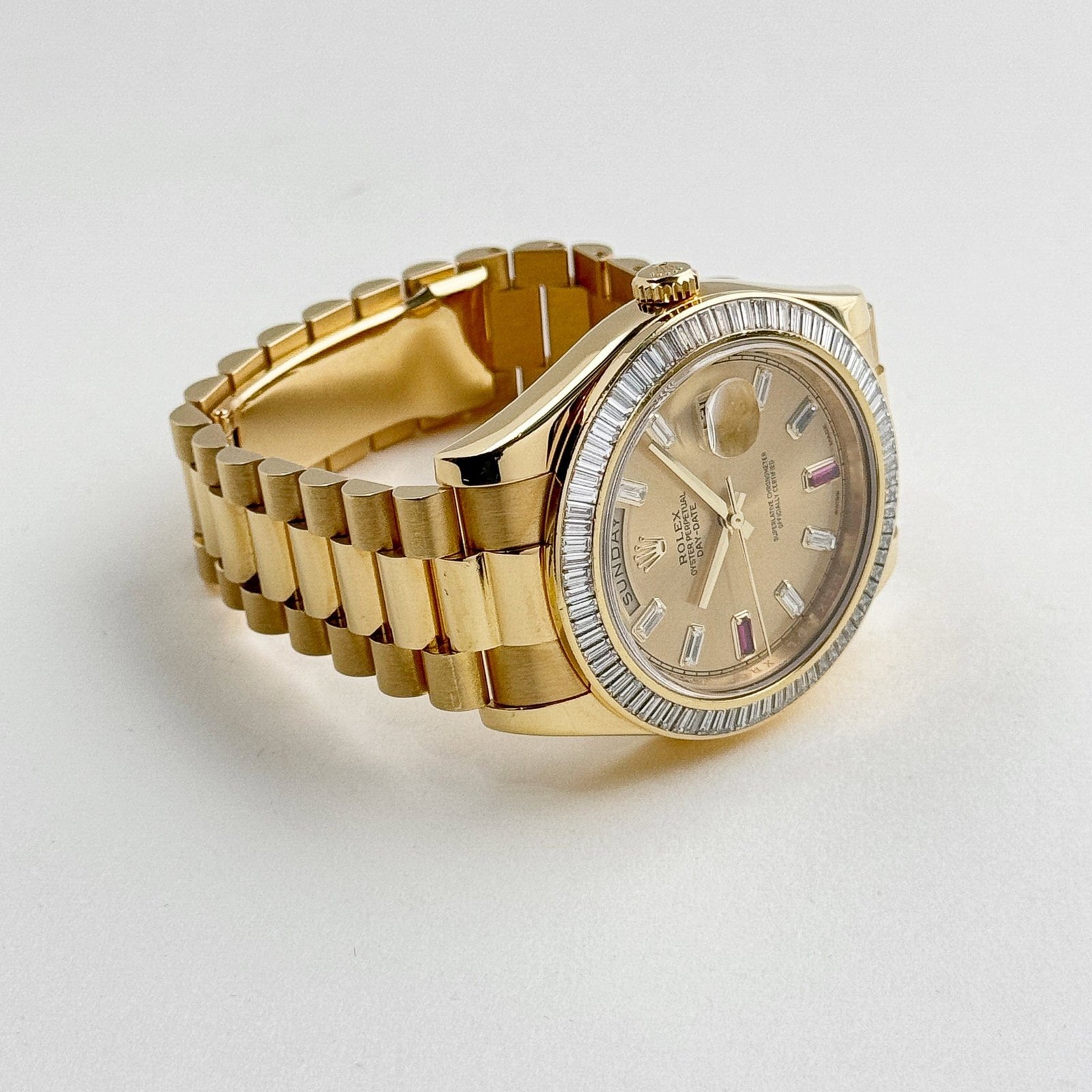 R01ex Day-Date II 218398 Yellow Gold Champagne Dial D1am0nd Bezel