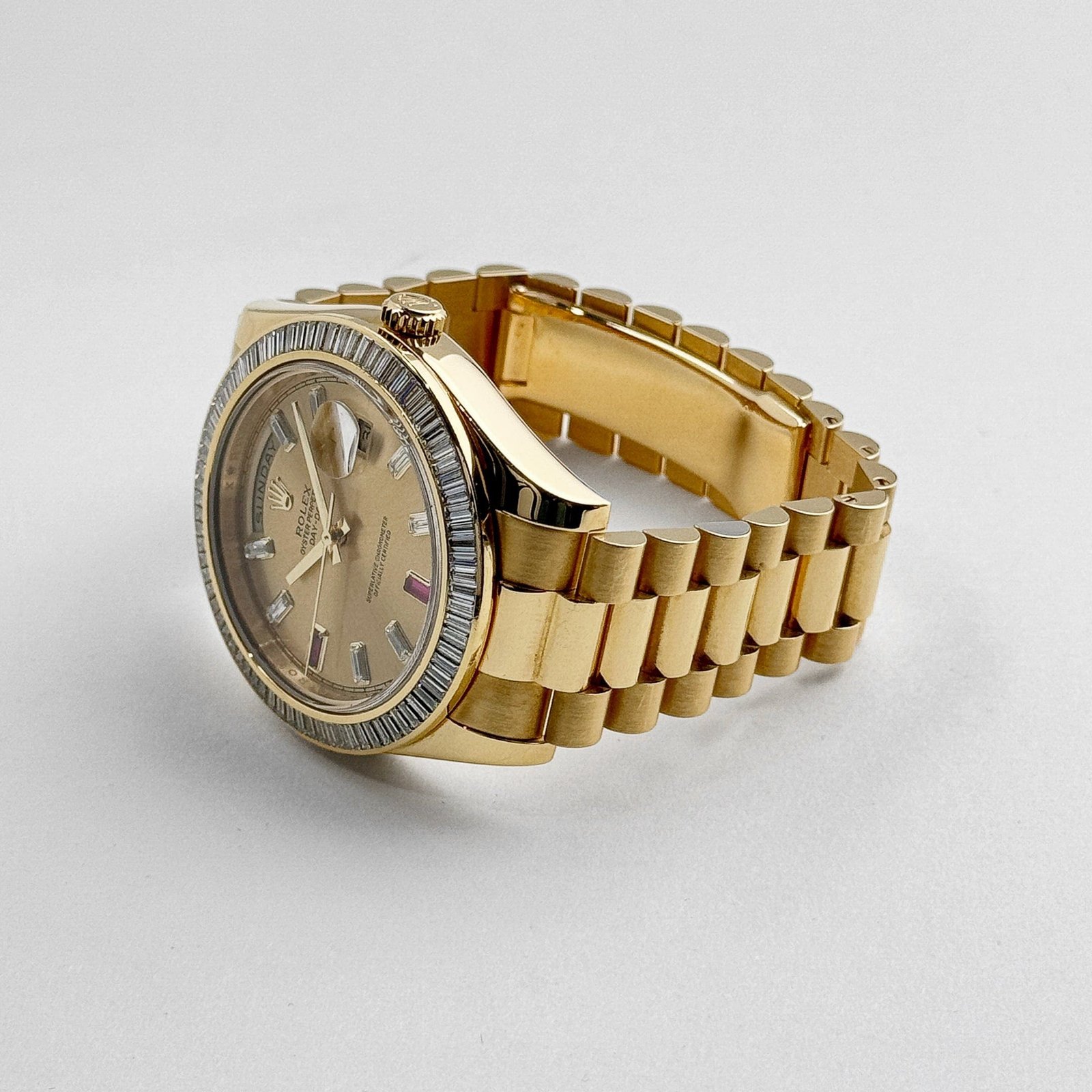 R01ex Day-Date II 218398 Yellow Gold Champagne Dial D1am0nd Bezel