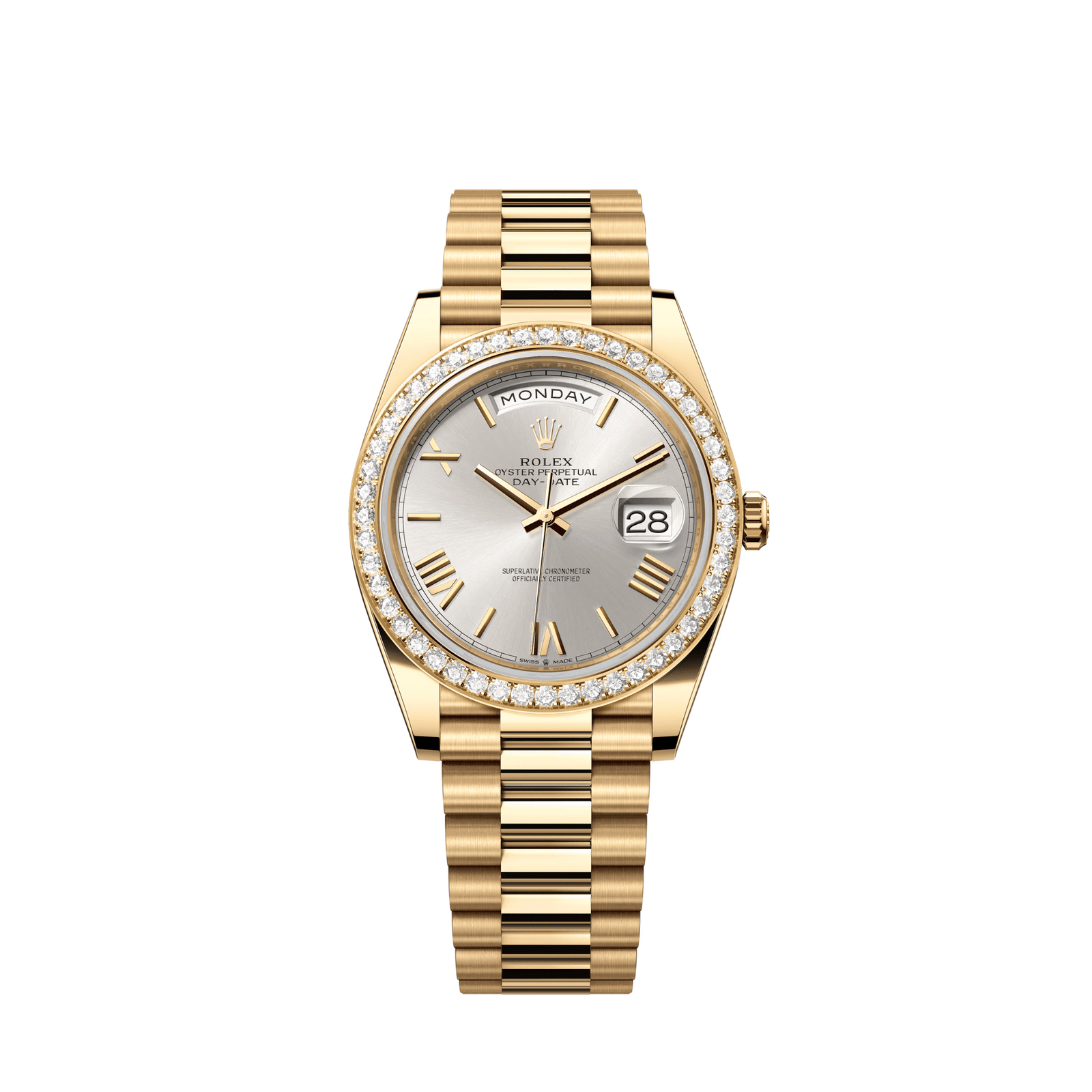 R01ex Day-Date 40 228348RBR Yellow Gold D1am0nd Bezel Silver Dial (2021)