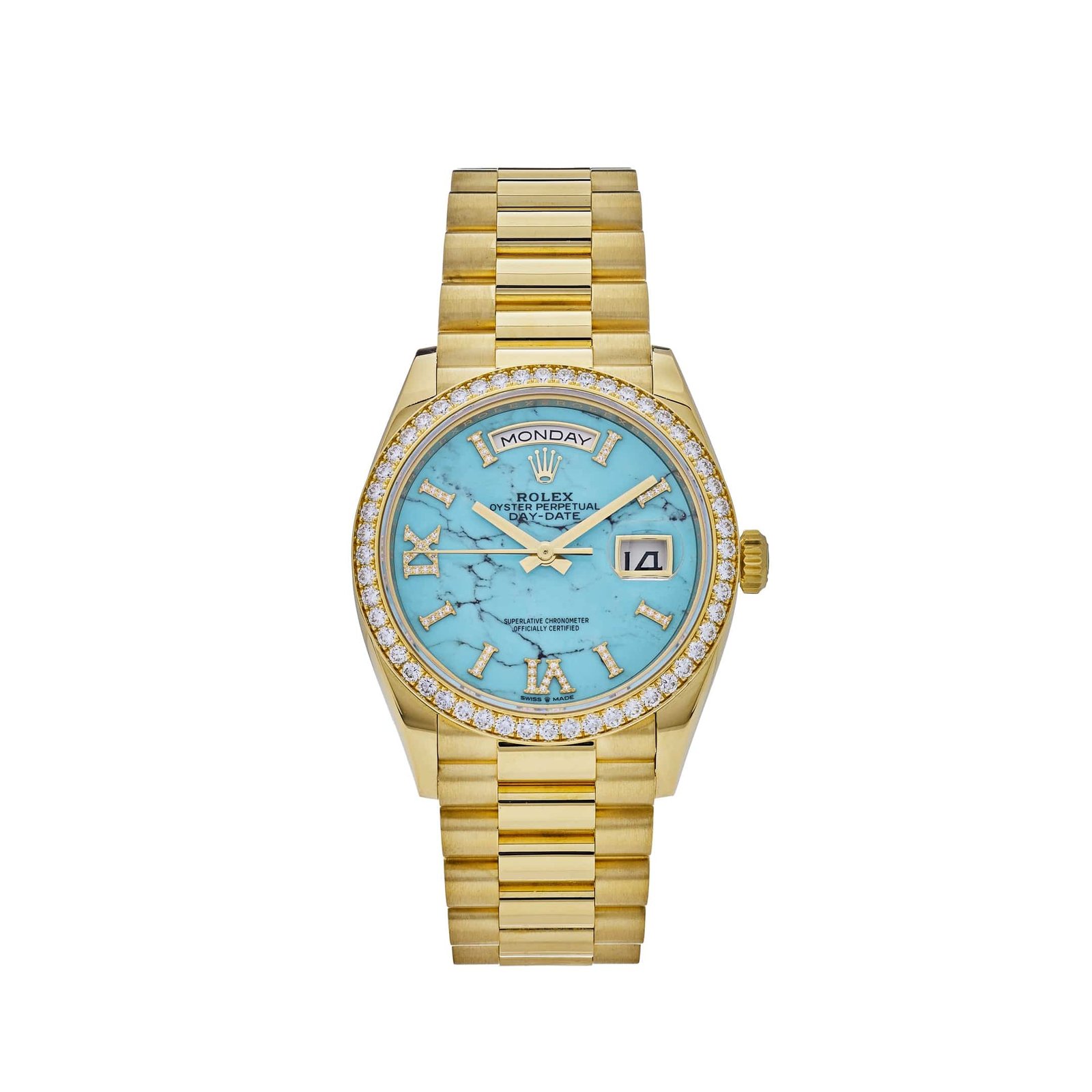 R01ex Day-Date 36 128348RBR Yellow Gold D1am0nd Bezel Turquoise D1am0nd Dial