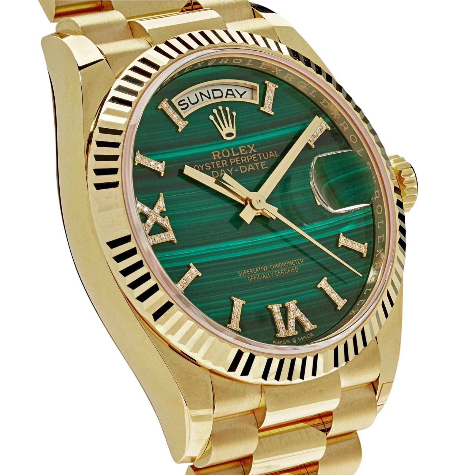R01ex Day-Date 36 128238 Yellow Gold Green Malachite Roman D1am0nd Dial