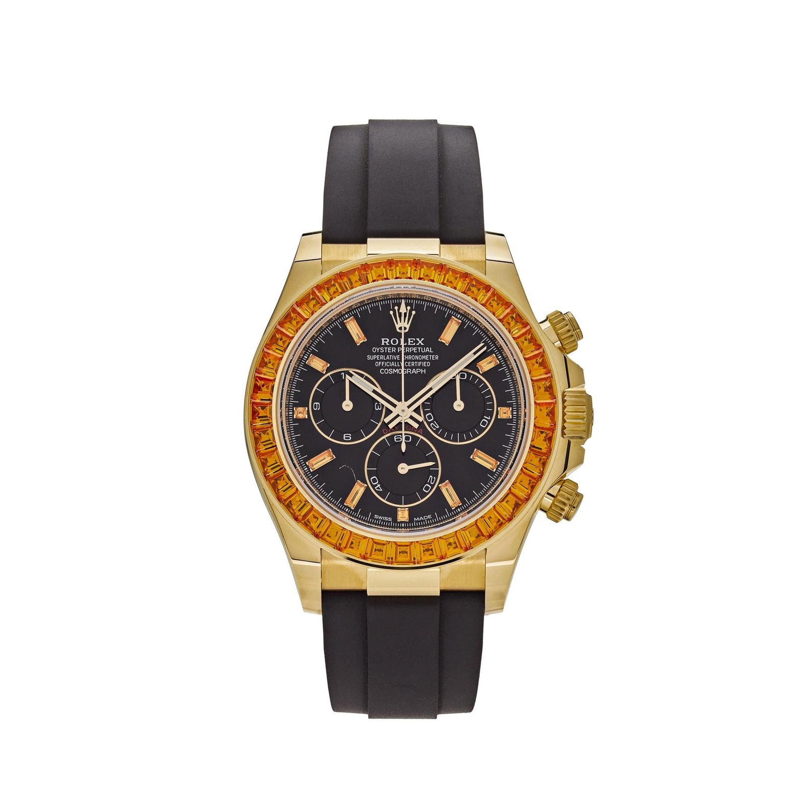 R01ex Daytona 116588SACO Yellow Gold Orange Sapphire Bezel Black D1am0nd Dial