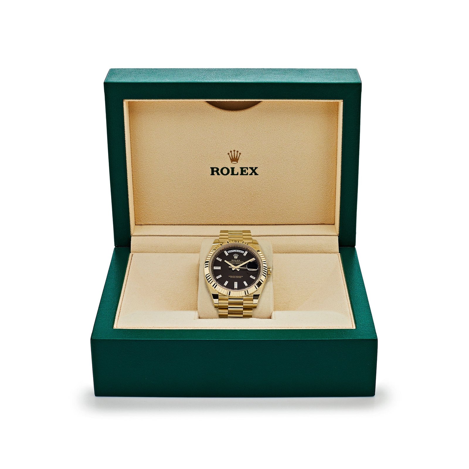 R01ex Day-Date 40 228238 Yellow Gold Black Baguette D1am0nd Dial (2022)