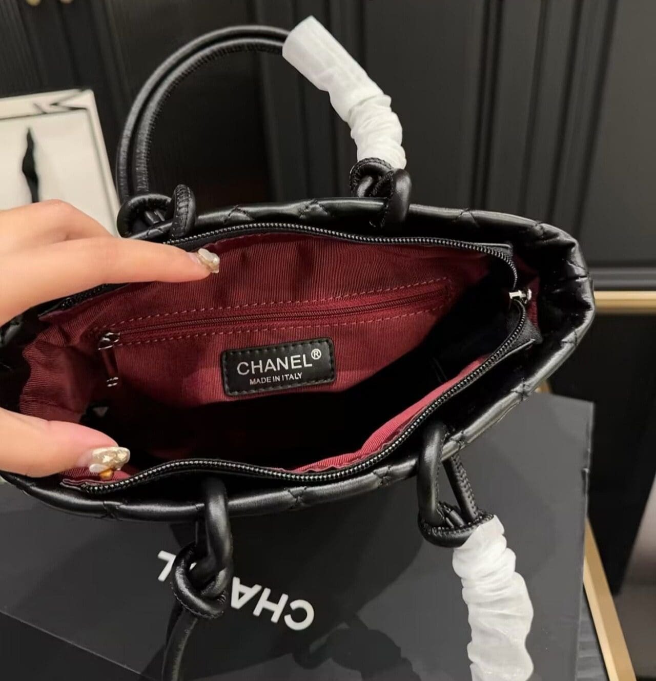 Ch**el Black Quilted Lambskin Leather Medium Cambon Tote