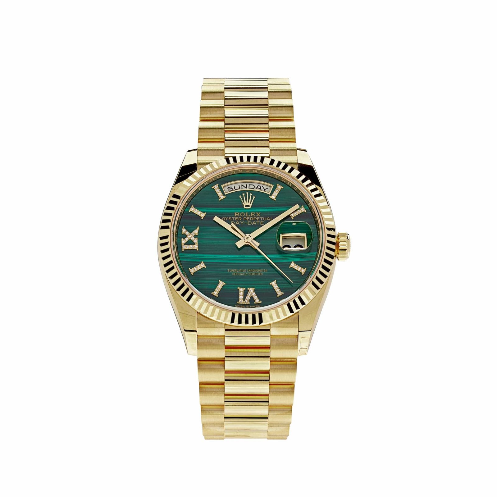 R01ex Day-Date 36 128238 Yellow Gold Green Malachite Roman D1am0nd Dial