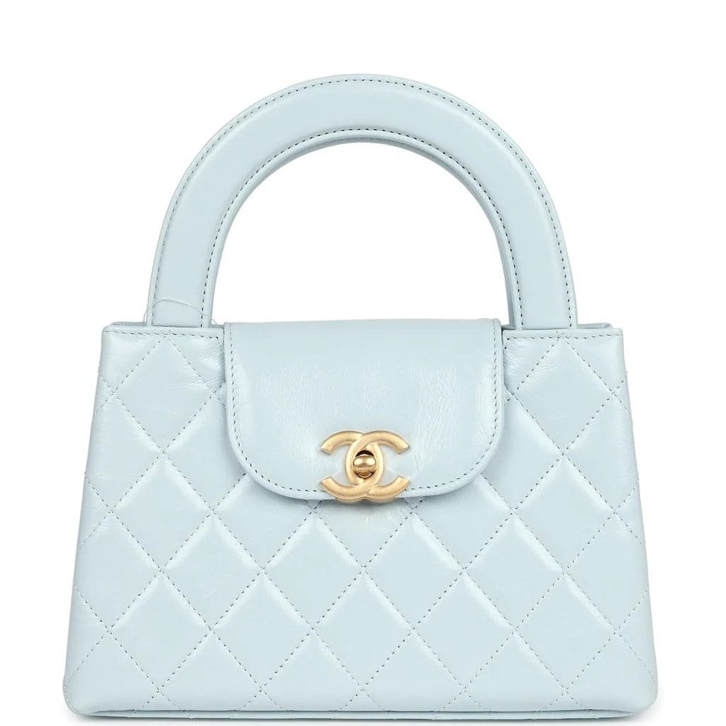 Ch**el Small Kelly Shopper Light Blue Shiny Aged Calfskin Brushed Gold Hardware